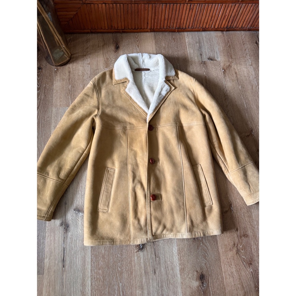 Overland Mens Genuine Shearling Sheepskin Coat Tan Suede Rancher Jacket USA‎ 40